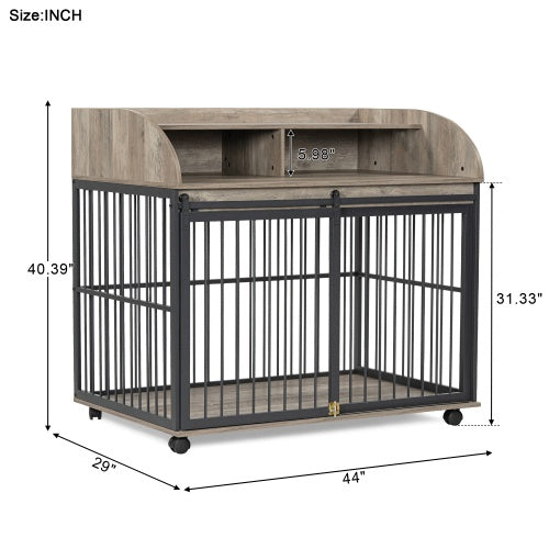 HKM-323027 Stylish Wooden Dog Kennel for Medium to Large Dogs with Lockable Wheels and Ample Storage