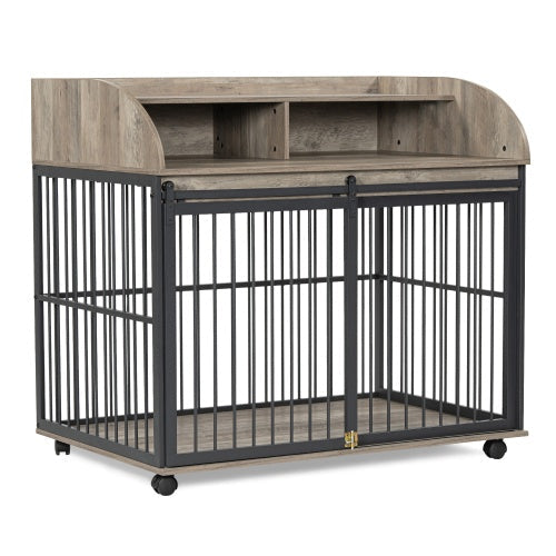 HKM-323027 Stylish Wooden Dog Kennel for Medium to Large Dogs with Lockable Wheels and Ample Storage