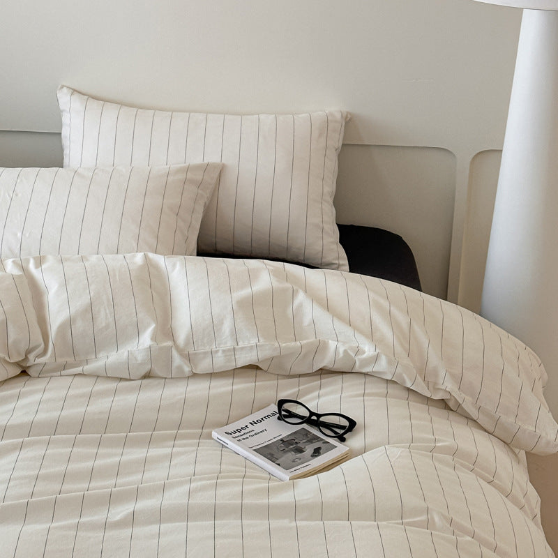 HKM-323027 Washed Cotton Striped Quilt Cover Set with Pillowcases and Fitted Sheets