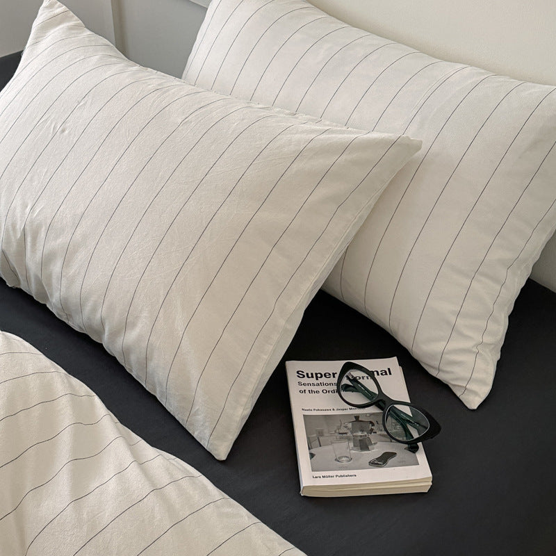 HKM-323027 Washed Cotton Striped Quilt Cover Set with Pillowcases and Fitted Sheets