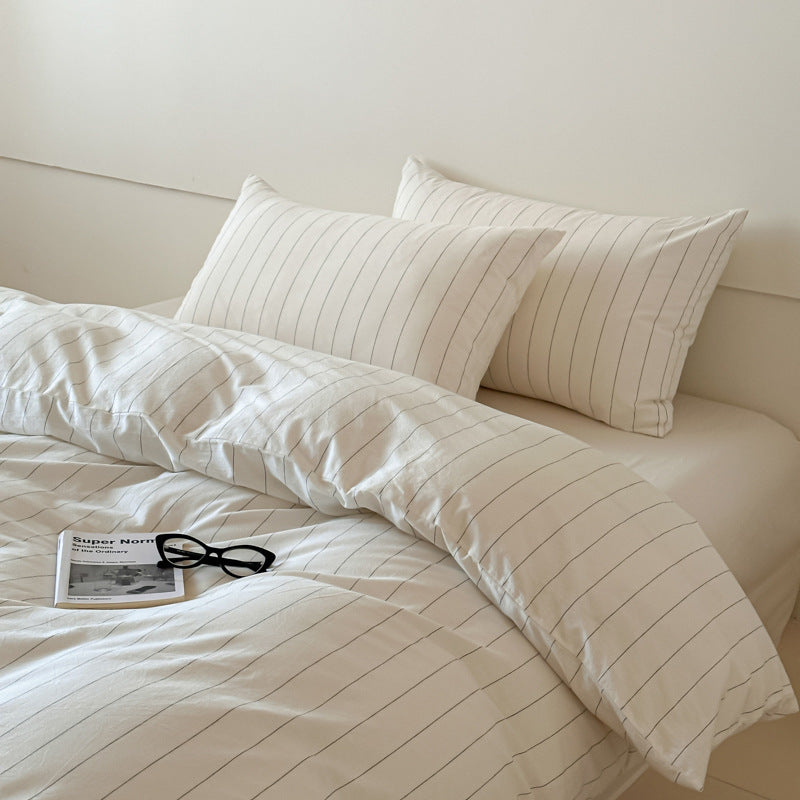 HKM-323027 Washed Cotton Striped Quilt Cover Set with Pillowcases and Fitted Sheets
