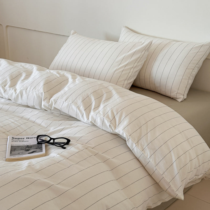 HKM-323027 Washed Cotton Striped Quilt Cover Set with Pillowcases and Fitted Sheets