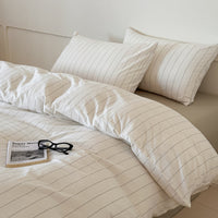 HKM-323027 Washed Cotton Striped Quilt Cover Set with Pillowcases and Fitted Sheets