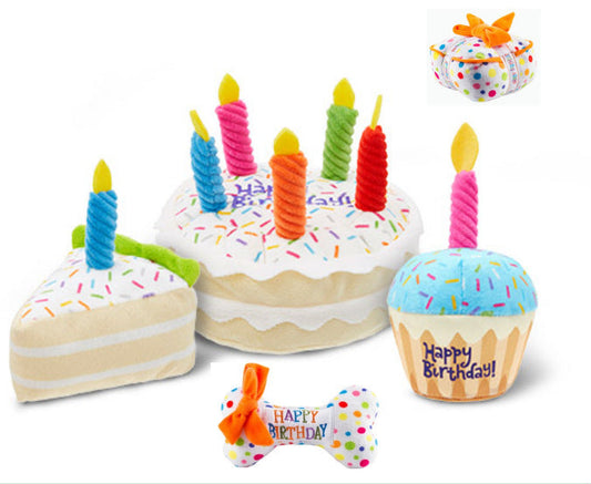 HKM-323219 Birthday Celebration Plush Toy Set for Dogs - Cake, Gift Box & Bone