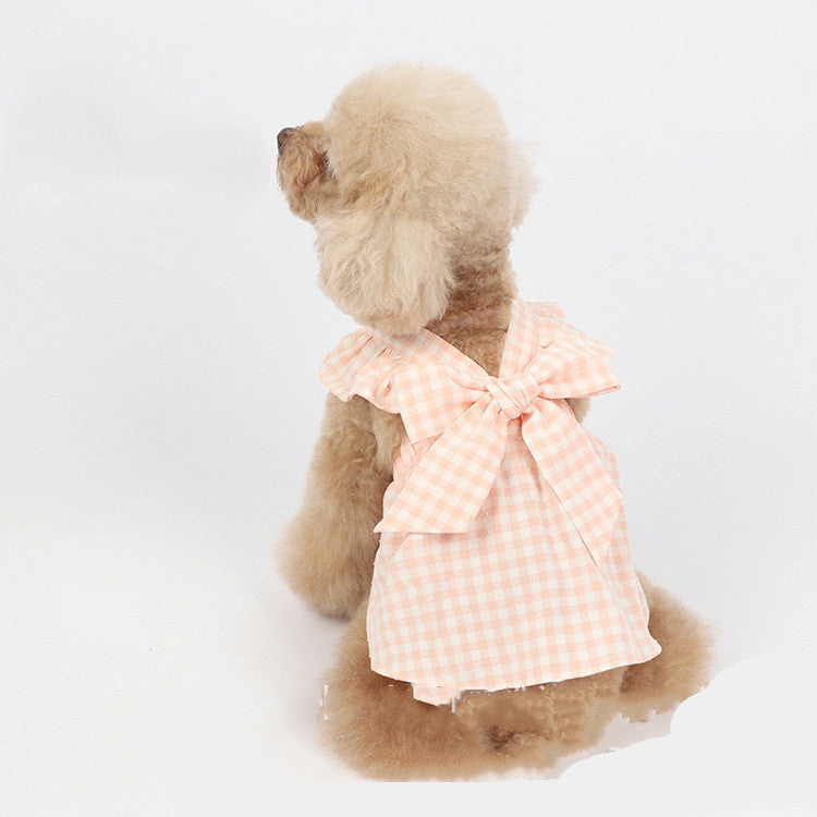 HKM-323475 Plaid Bow Skirt Dress for Pets – Stylish Costumes for Cats and Dogs in Purple, Green, Pink (Sizes XXS-3XL)