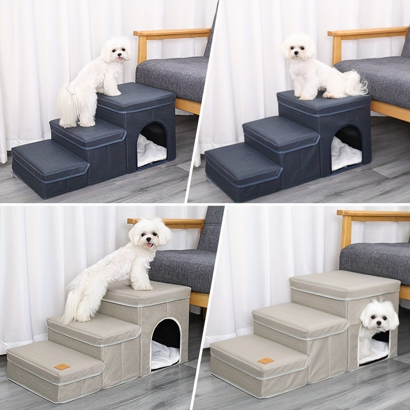 HKM-323539 3-Step Foldable Dog Stairs with Storage for Small to Medium Breeds, Oxford Fabric, Pet Ramp for Beds and Sofas