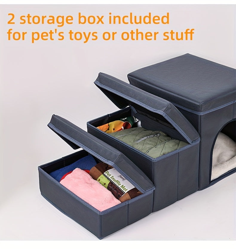 HKM-323539 3-Step Foldable Dog Stairs with Storage for Small to Medium Breeds, Oxford Fabric, Pet Ramp for Beds and Sofas