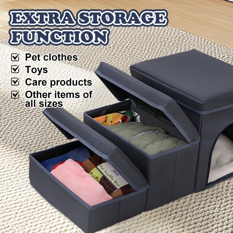 HKM-323539 3-Step Foldable Dog Stairs with Storage for Small to Medium Breeds, Oxford Fabric, Pet Ramp for Beds and Sofas