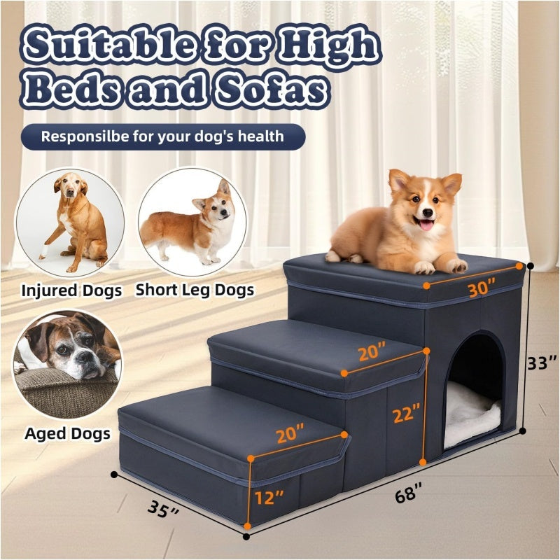 HKM-323539 3-Step Foldable Dog Stairs with Storage for Small to Medium Breeds, Oxford Fabric, Pet Ramp for Beds and Sofas