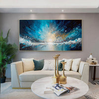 HKM-324115 Handmade Abstract Blue Starry Sky Ocean Oil Painting on Canvas for Home Decor, Unstretched and Frameless