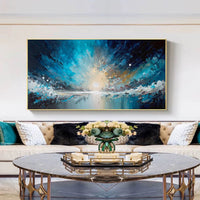 HKM-324115 Handmade Abstract Blue Starry Sky Ocean Oil Painting on Canvas for Home Decor, Unstretched and Frameless