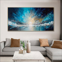 HKM-324115 Handmade Abstract Blue Starry Sky Ocean Oil Painting on Canvas for Home Decor, Unstretched and Frameless