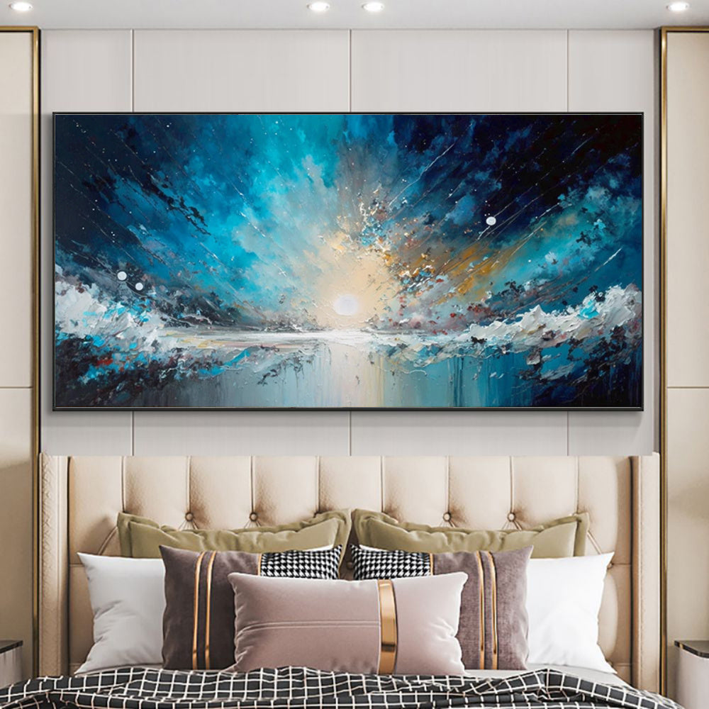 HKM-324115 Handmade Abstract Blue Starry Sky Ocean Oil Painting on Canvas for Home Decor, Unstretched and Frameless