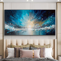 HKM-324115 Handmade Abstract Blue Starry Sky Ocean Oil Painting on Canvas for Home Decor, Unstretched and Frameless