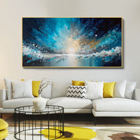 HKM-324115 Handmade Abstract Blue Starry Sky Ocean Oil Painting on Canvas for Home Decor, Unstretched and Frameless