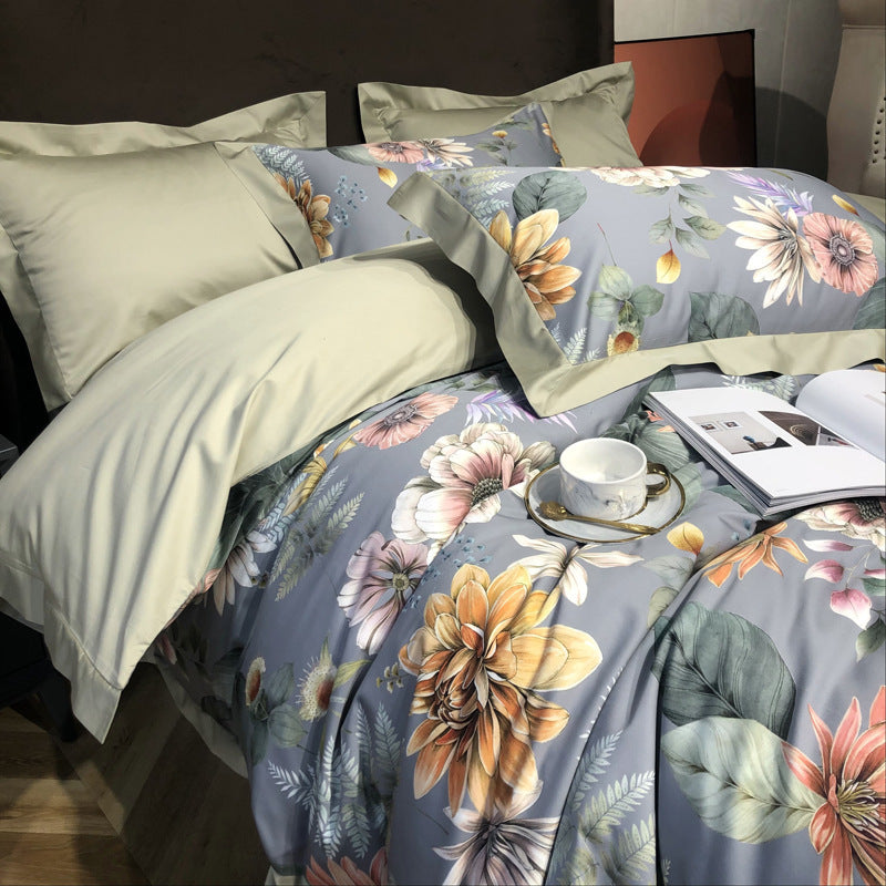 HKM-324179 Long Staple Cotton Four-Piece Bedding Set with Digital Plant and Flower Print