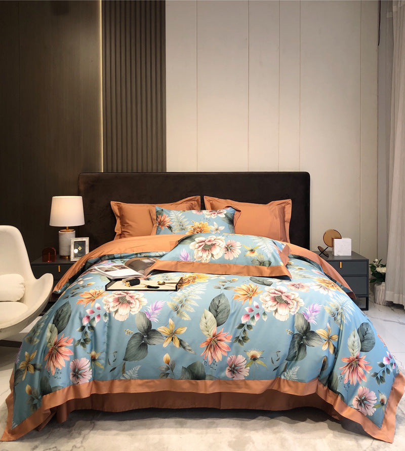 HKM-324179 Long Staple Cotton Four-Piece Bedding Set with Digital Plant and Flower Print