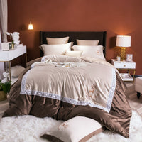 HKM-324499 Cotton Lace Embroidered Bed Linen Set - 4 Pieces, Simple Plain Design for 1.8*2.2m Bed
