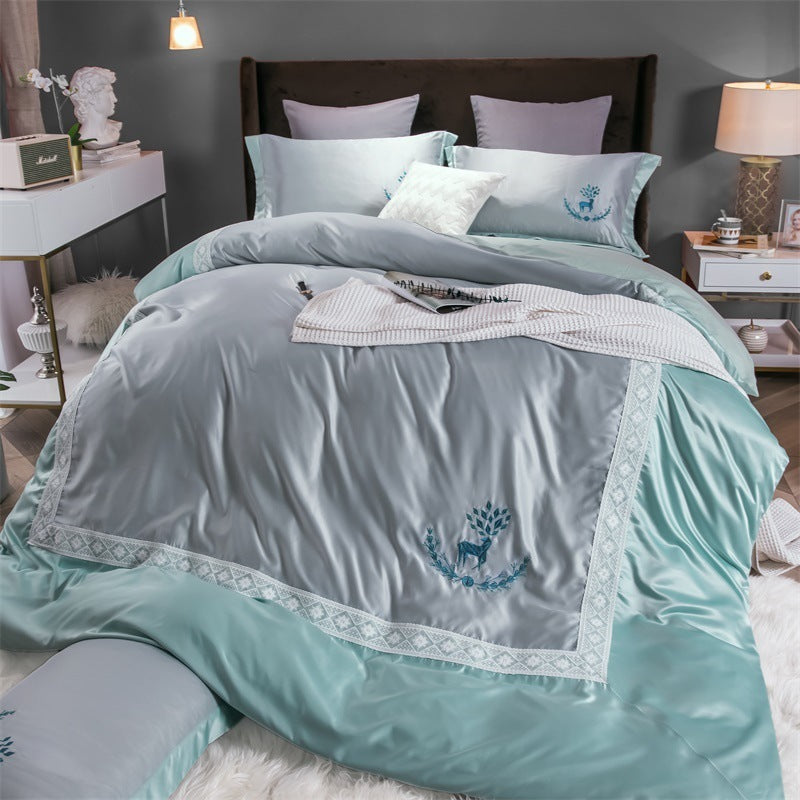 HKM-324499 Cotton Lace Embroidered Bed Linen Set - 4 Pieces, Simple Plain Design for 1.8*2.2m Bed