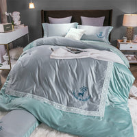 HKM-324499 Cotton Lace Embroidered Bed Linen Set - 4 Pieces, Simple Plain Design for 1.8*2.2m Bed