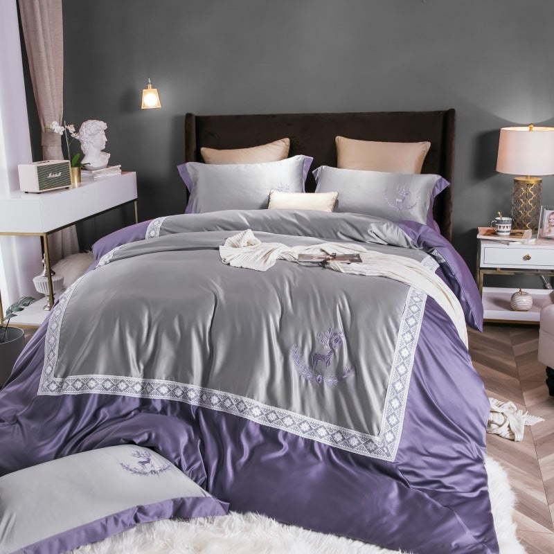 HKM-324499 Cotton Lace Embroidered Bed Linen Set - 4 Pieces, Simple Plain Design for 1.8*2.2m Bed