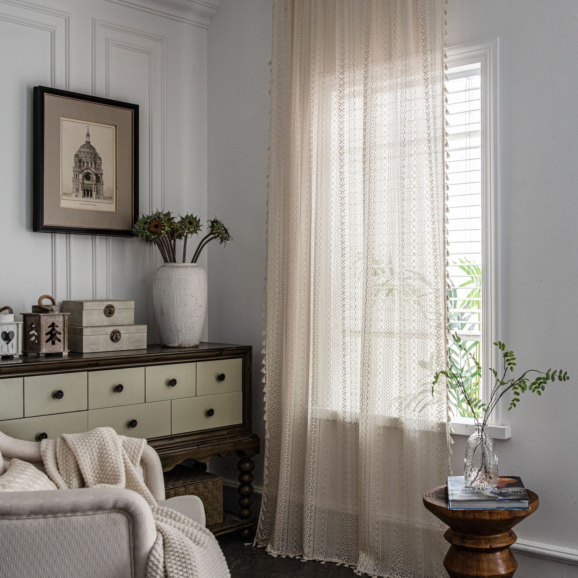 HKM-324883 Translucent Cotton Crochet Curtain in Copper Money and Rice Broom Styles