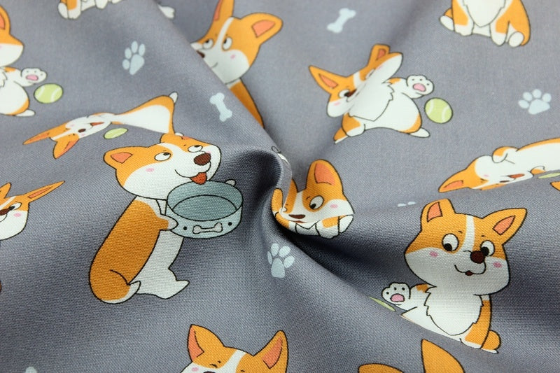 HKM-325011 Corgi Print Cotton Fabric - Cartoon Nordic Animal Design, 110cm Wide, 100% Cotton