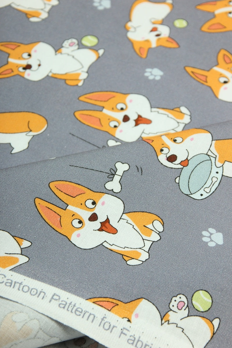 HKM-325011 Corgi Print Cotton Fabric - Cartoon Nordic Animal Design, 110cm Wide, 100% Cotton