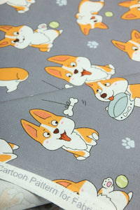 HKM-325011 Corgi Print Cotton Fabric - Cartoon Nordic Animal Design, 110cm Wide, 100% Cotton