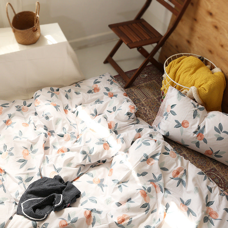 HKM-325011 Cotton Floral Quilt Cover Set in Green, Orange, and Pink - Four Pieces
