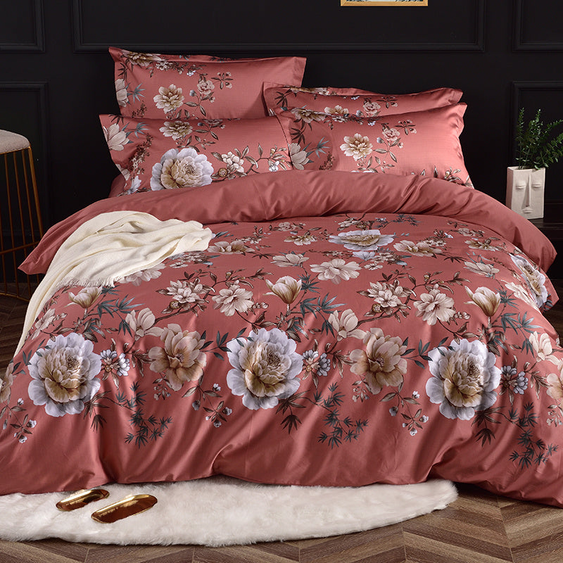 HKM-325011 Floral Double-Sided Cotton Duvet Cover Set in Red - Multiple Sizes Available