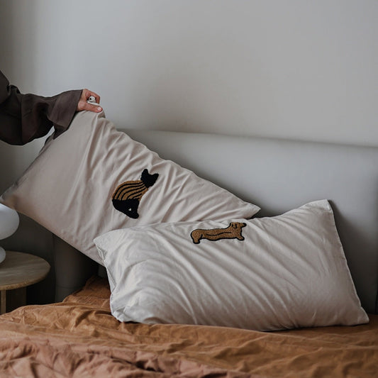 HKM-325139 Milk Coffee Plush Cotton Pillowcase with Three-Dimensional Embroidery - Available in Single and Double Sizes