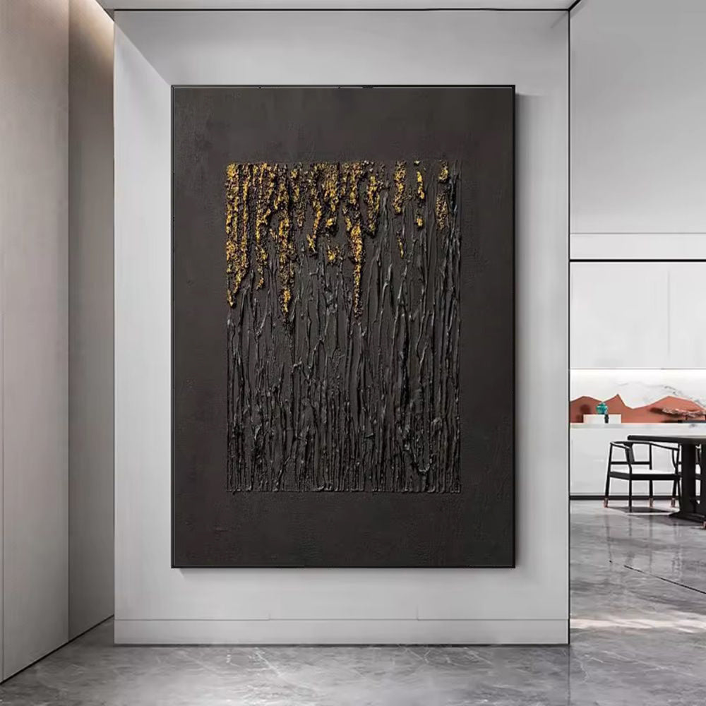 HKM-325267 Handmade Black Abstract Oil Painting with Gold Texture for Modern Home Decor