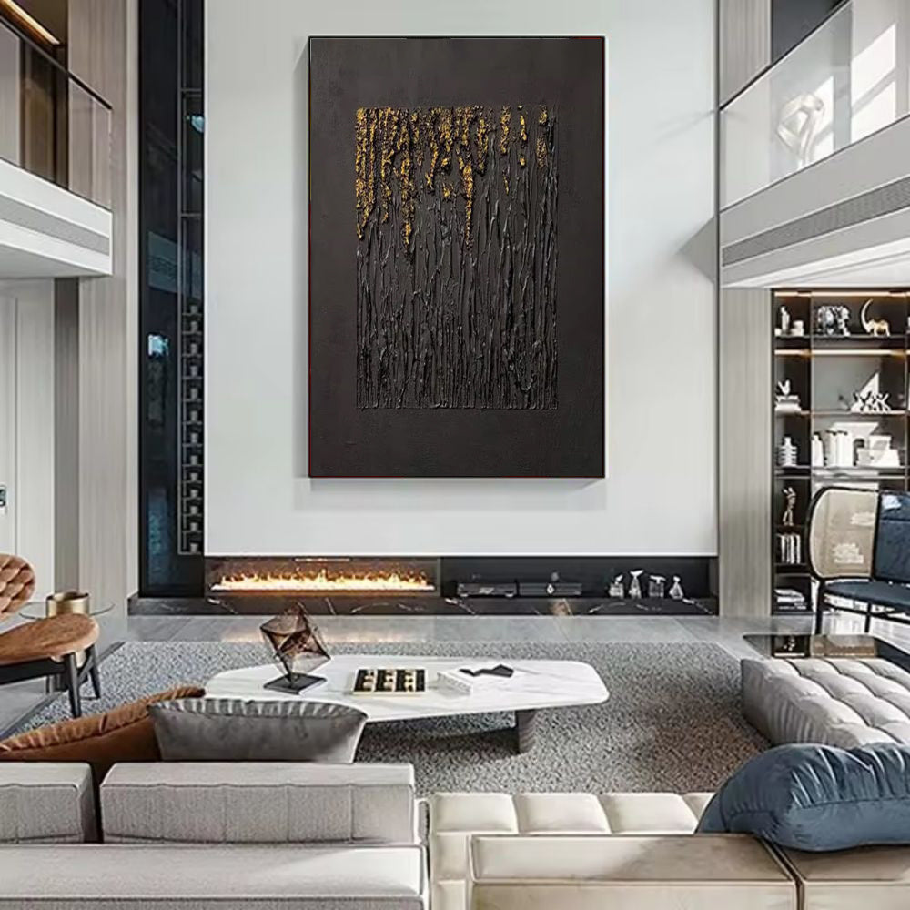 HKM-325267 Handmade Black Abstract Oil Painting with Gold Texture for Modern Home Decor
