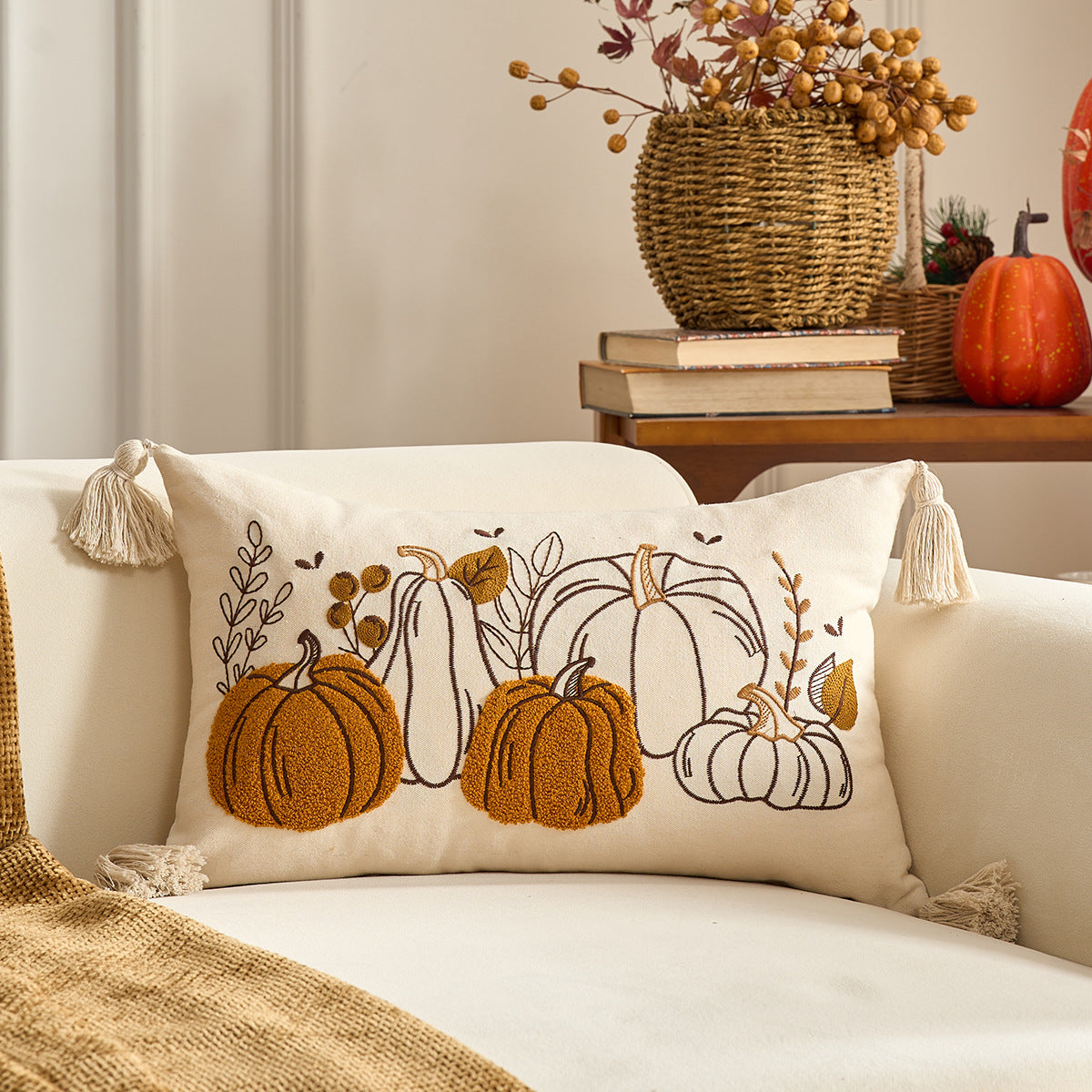 HKM-326227 Autumn Maple Leaf and Pumpkin Decorative Pillow Cover for Living Room Sofa