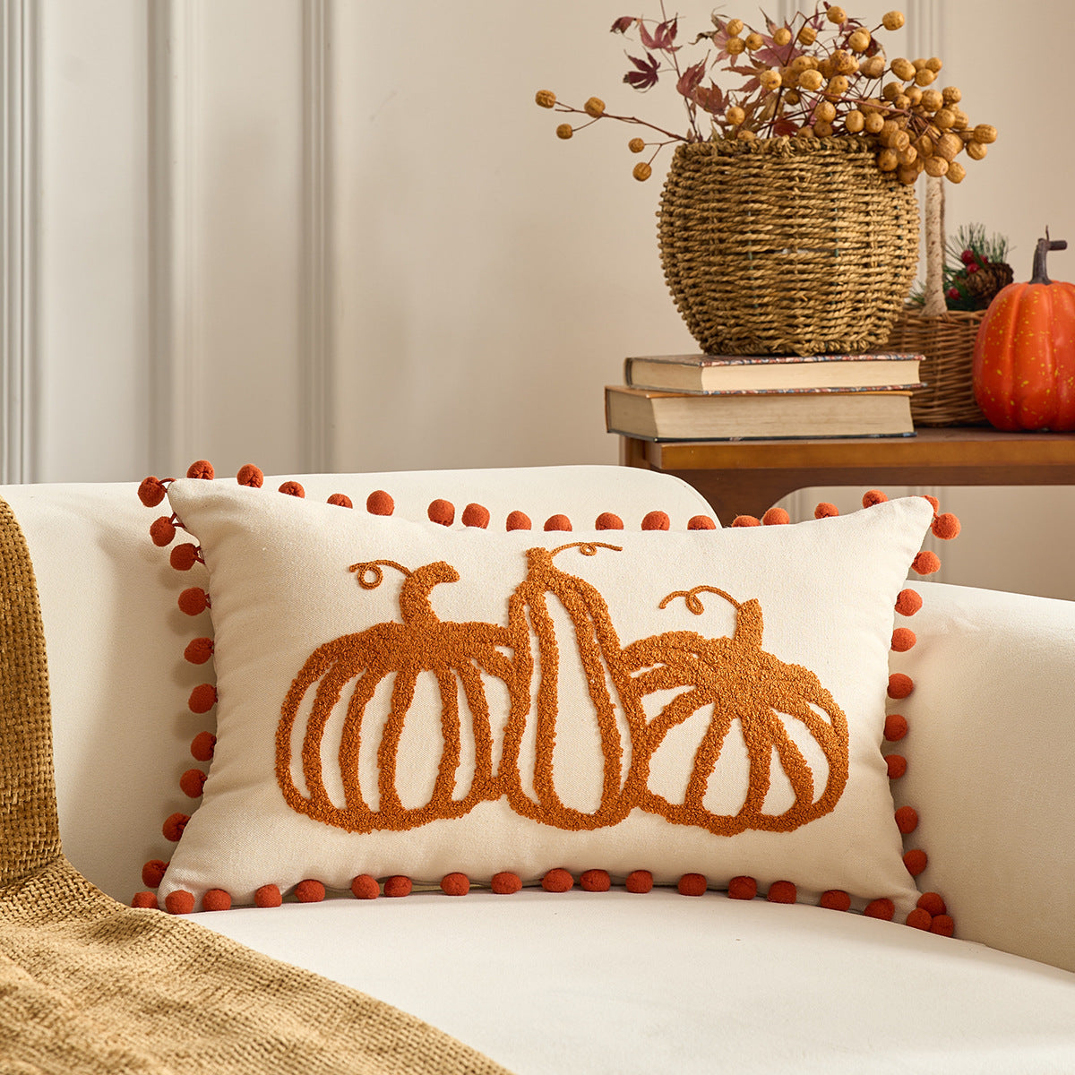 HKM-326227 Autumn Maple Leaf and Pumpkin Decorative Pillow Cover for Living Room Sofa