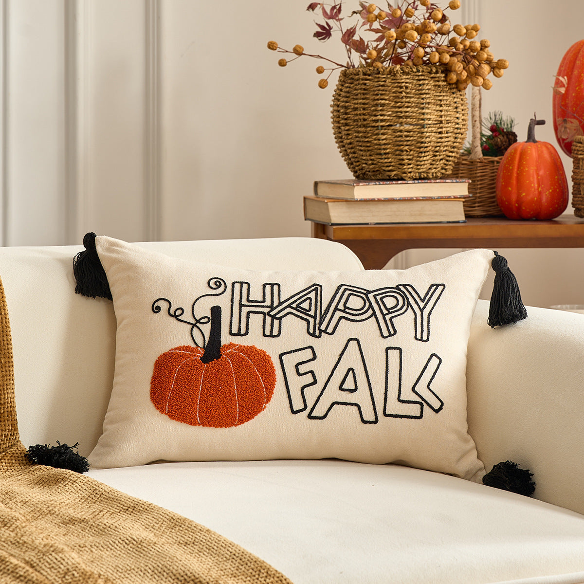 HKM-326227 Autumn Maple Leaf and Pumpkin Decorative Pillow Cover for Living Room Sofa