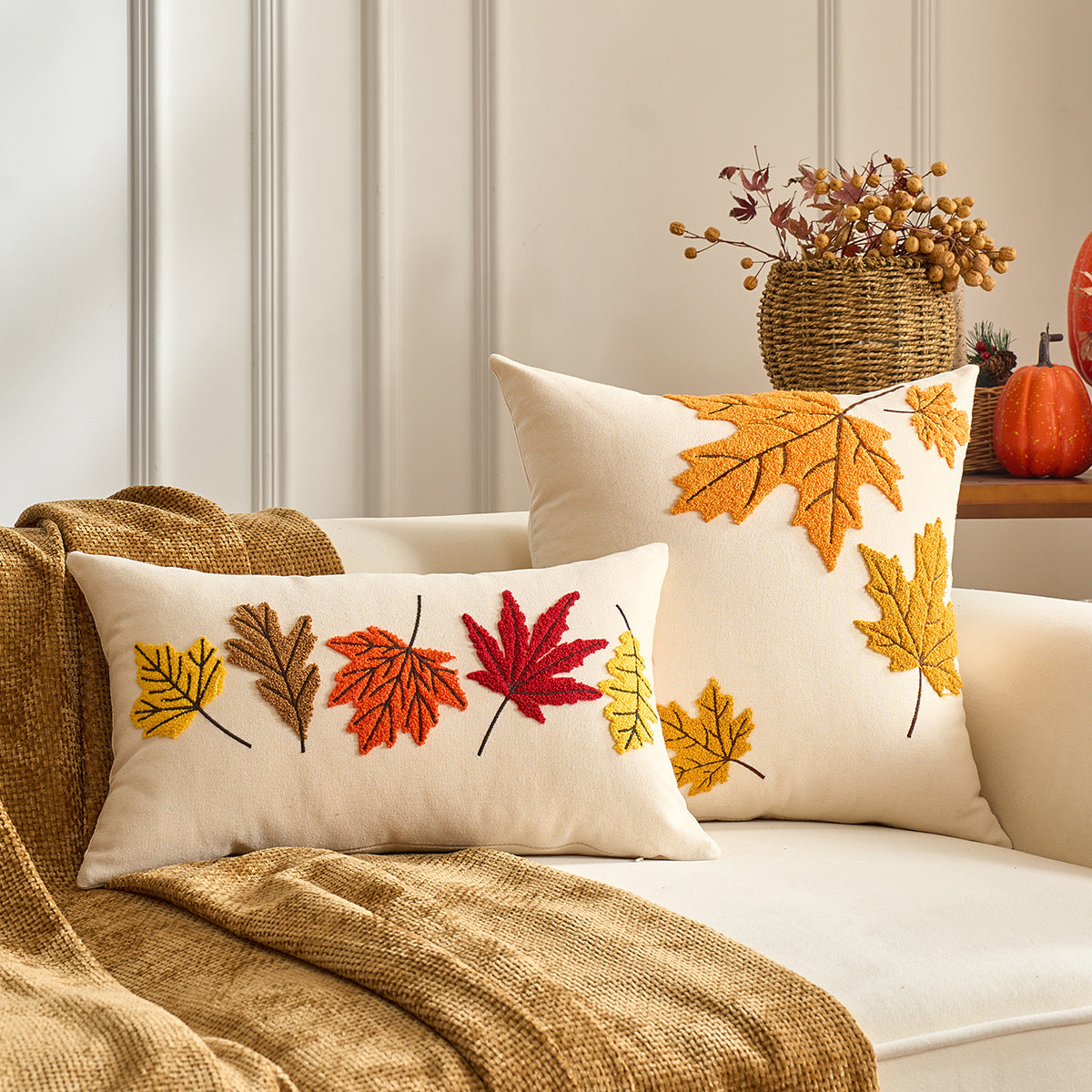HKM-326227 Autumn Maple Leaf and Pumpkin Decorative Pillow Cover for Living Room Sofa