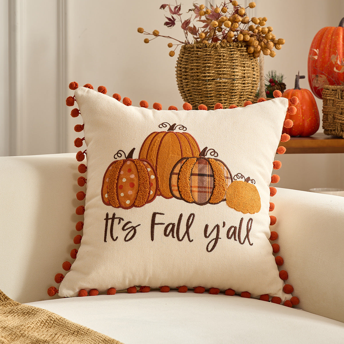 HKM-326227 Autumn Maple Leaf and Pumpkin Decorative Pillow Cover for Living Room Sofa