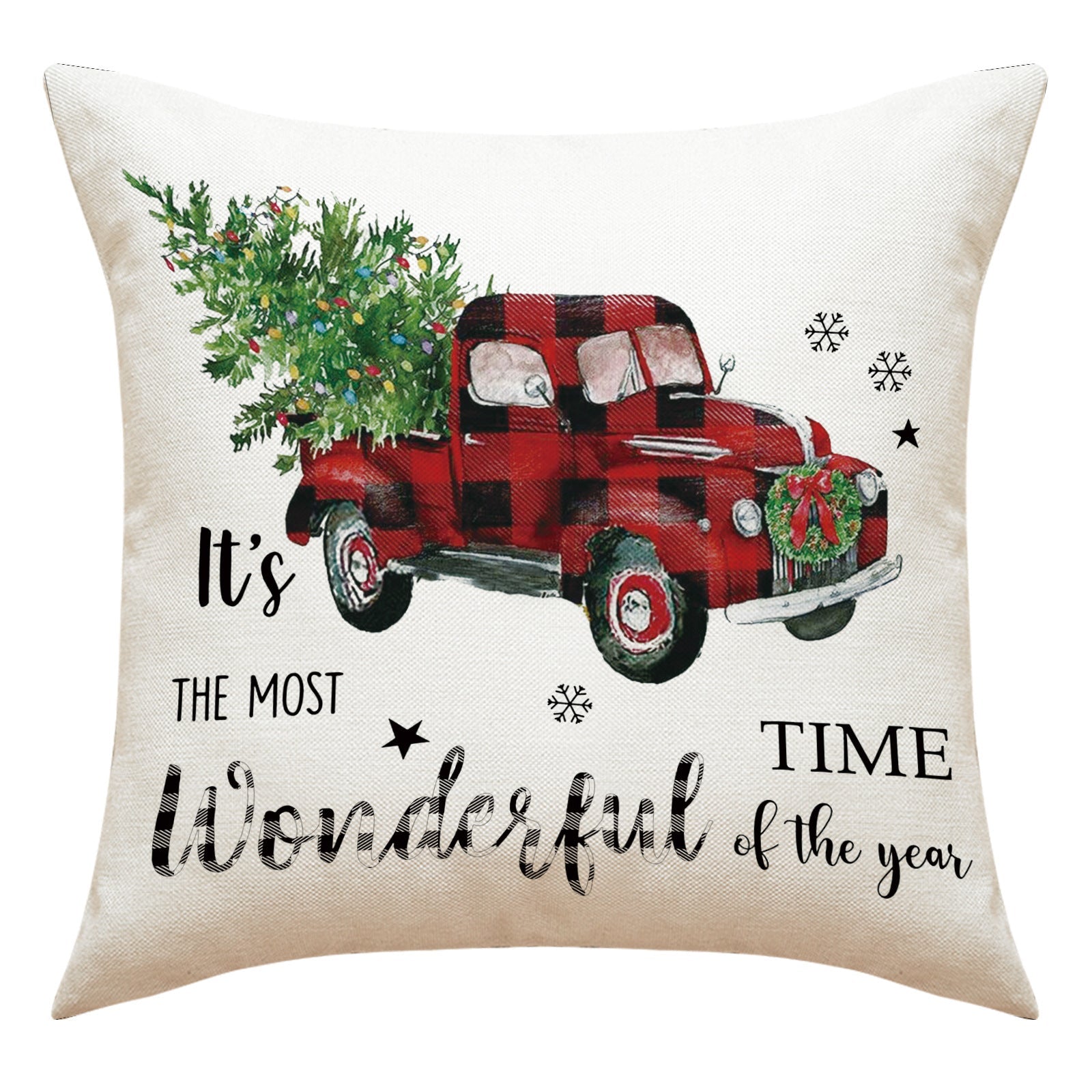 HKM-326291 Cartoon Elk Letter Printed Pillow Case with Snowflakes and Cars, 45x45cm