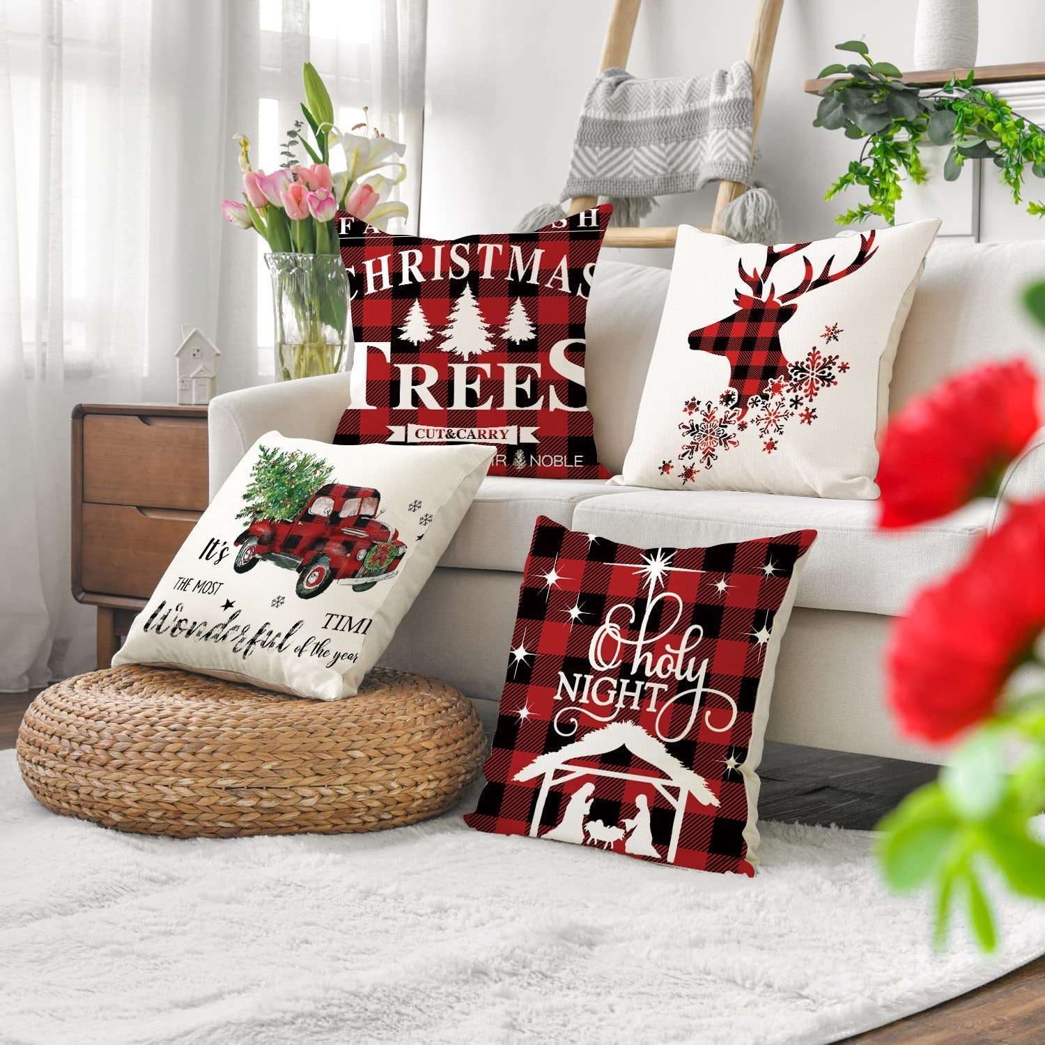 HKM-326291 Cartoon Elk Letter Printed Pillow Case with Snowflakes and Cars, 45x45cm
