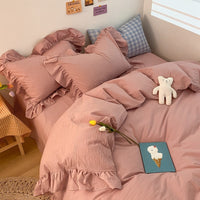 HKM-326483 Washed Cotton 4-Piece Bedding Set in Cream with Lace Quilt Cover – Available in Various Colors for Comfortable Sleeping