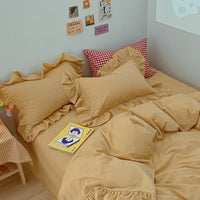 HKM-326483 Washed Cotton 4-Piece Bedding Set in Cream with Lace Quilt Cover – Available in Various Colors for Comfortable Sleeping