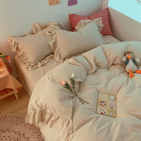 HKM-326483 Washed Cotton 4-Piece Bedding Set in Cream with Lace Quilt Cover – Available in Various Colors for Comfortable Sleeping