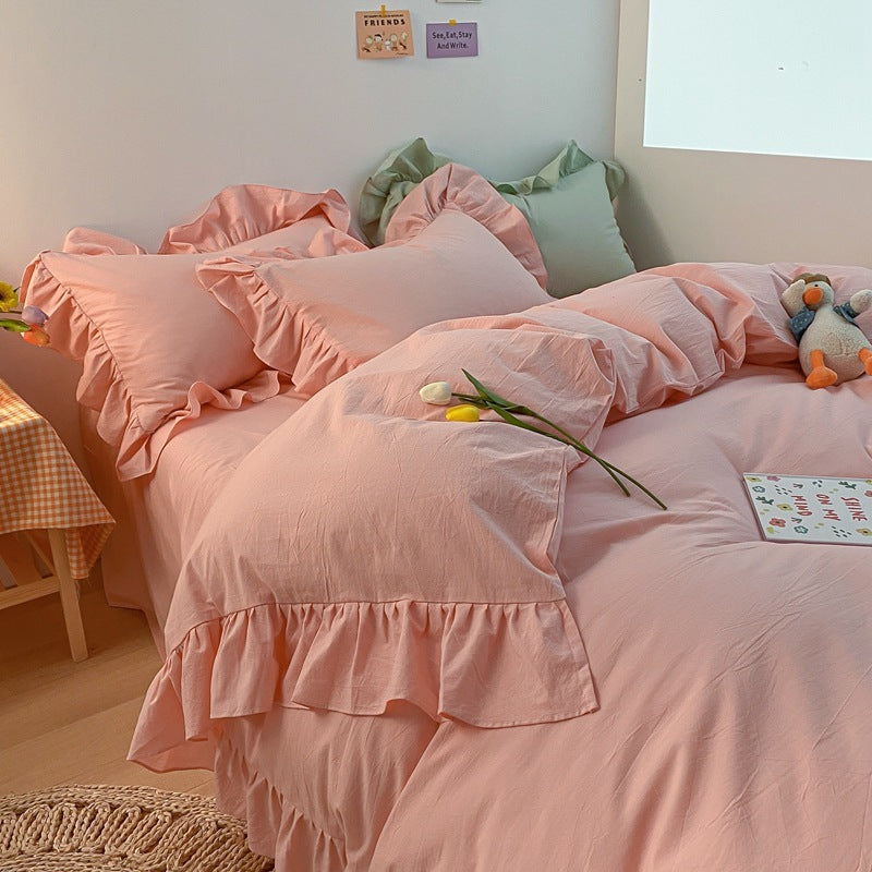 HKM-326483 Washed Cotton 4-Piece Bedding Set in Cream with Lace Quilt Cover – Available in Various Colors for Comfortable Sleeping