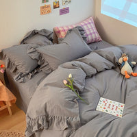 HKM-326483 Washed Cotton 4-Piece Bedding Set in Cream with Lace Quilt Cover – Available in Various Colors for Comfortable Sleeping