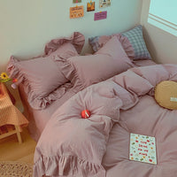HKM-326483 Washed Cotton 4-Piece Bedding Set in Cream with Lace Quilt Cover – Available in Various Colors for Comfortable Sleeping