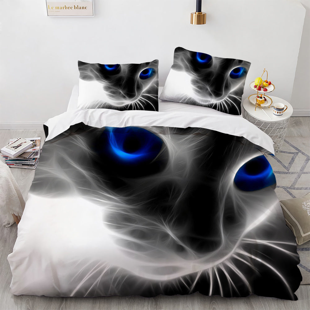 HKM-326803 White Geometric Cat Duvet Cover Set for 1.8m Beds - Available in Multiple Sizes