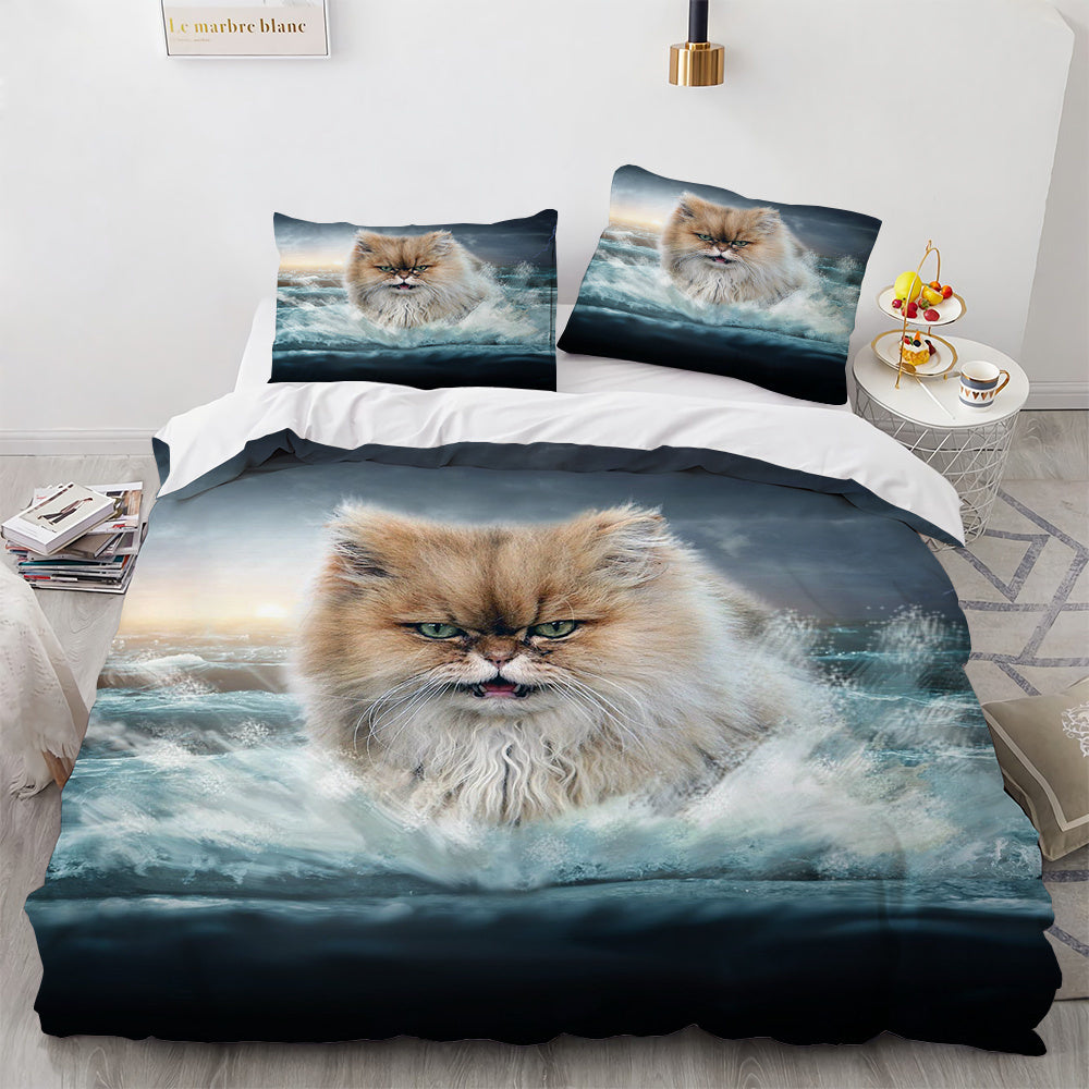 HKM-326803 White Geometric Cat Duvet Cover Set for 1.8m Beds - Available in Multiple Sizes