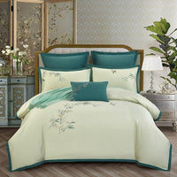 HKM-327251 Luxurious 4-Piece Embroidered Cotton Bedding Set with Landscape Pattern and Lace Trim